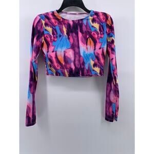 MATTE COLLECTION Women's Pink-Blue Tie-Dye Crewneck Long Sleeve Swim Top SZ M